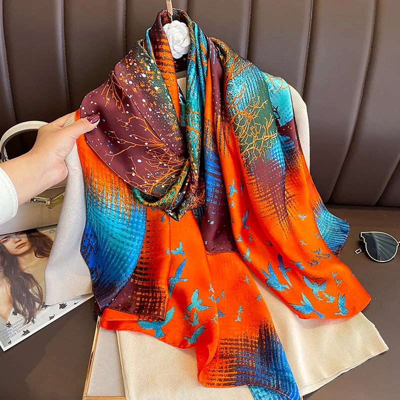Hot Sale 2023 New Floral Printed Silk Scarves Shawls For Ladies Stoles Luxury Silk Scarf  Long Large Designer Silk Neck Scarf