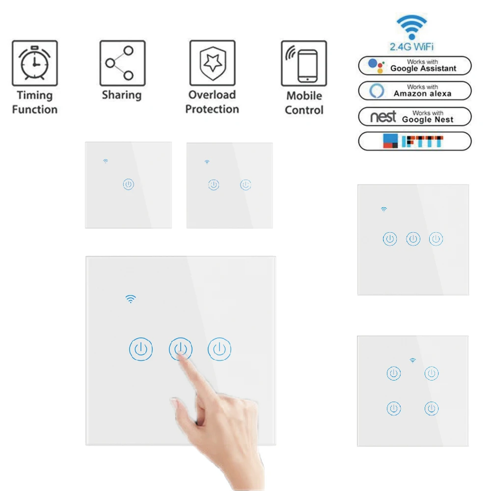 
Rhyme 1 2 3 4 way smart dimmer Wifi Wall Switch EU standard phone and vocal control tuya Zigbee smart switch wifi wall 