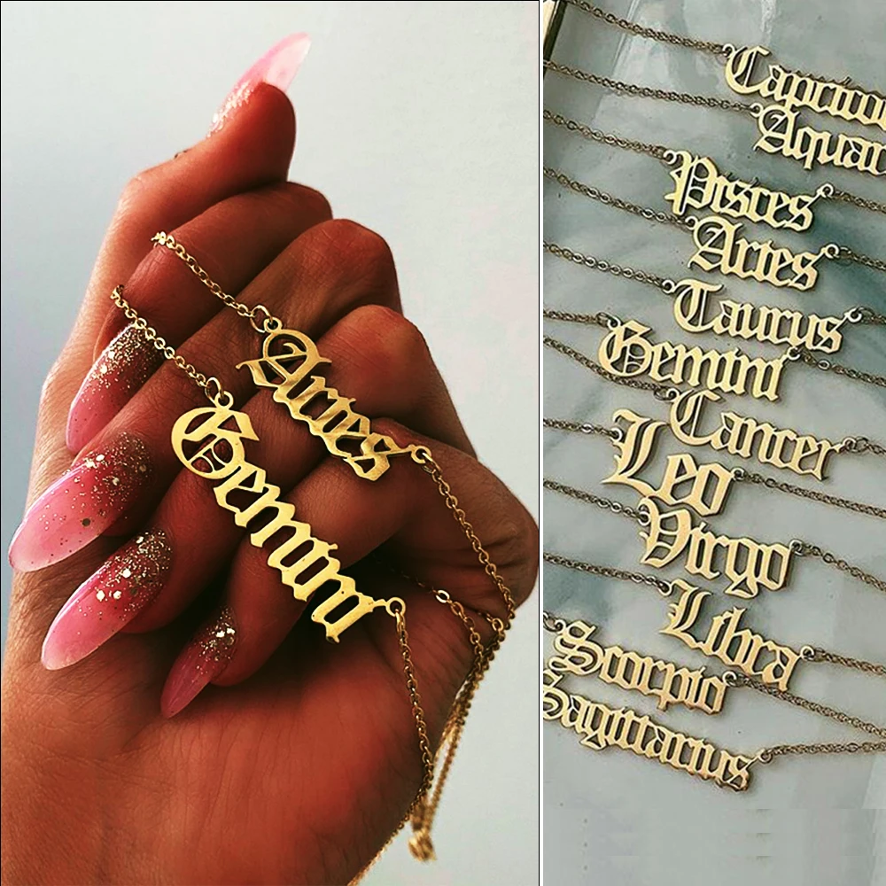 Fanze Gold Letter Gold Plated 12 Zodiac sign stainless steel Name Necklace women Chain Choker Necklace Jewelry