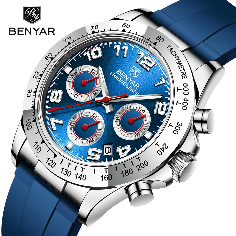 BENYAR 5192 New Luxury Men Quartz Wristwatches Top Brand Chronograph 30M Waterproof Sports Silicon Watch for Men reloj  BOX (1600343076019)