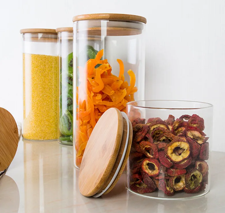 kitchen use borosilicate glass jar with bamboo lid