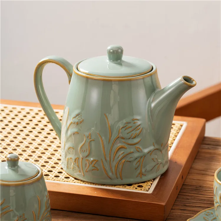 Chinese oriental luxury unique flower embossed vintage teapot ceramic cup saucer mug sets floral coffee and tea set