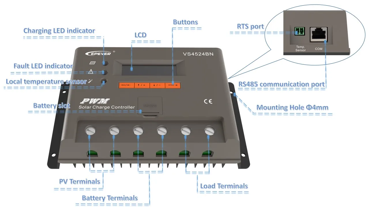 EPever  10A 20A 30A 45A 60A PWM Solar Charge Controller With Dot-matrix LCD Display and RS485 Communication Interface