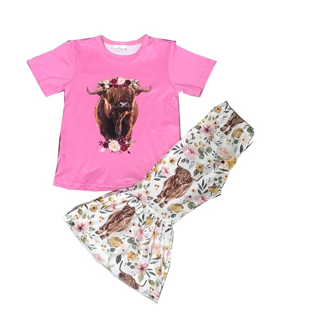 Wholesale  Bull head rose short sleeve suit  kids boutique clothing set
