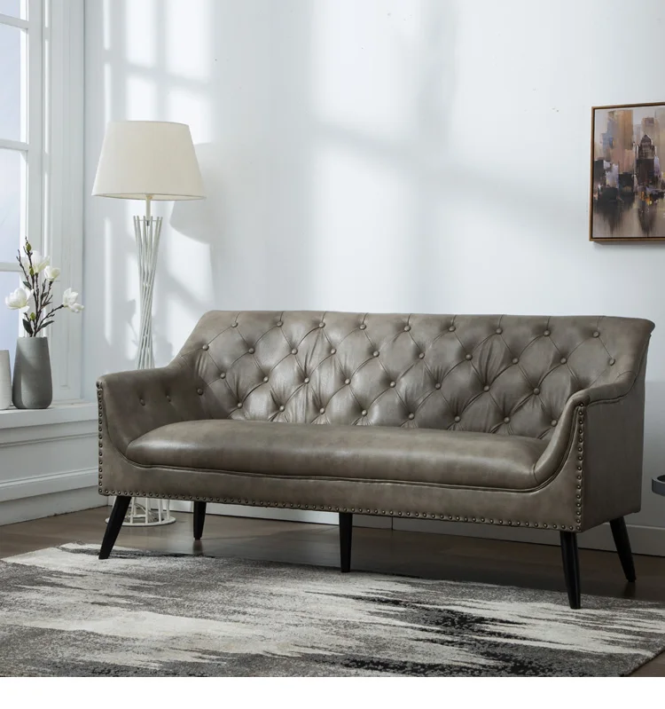 
American Style PU Leather Grey Color Nailhead Tufted Three seat Sofa for Living Room 