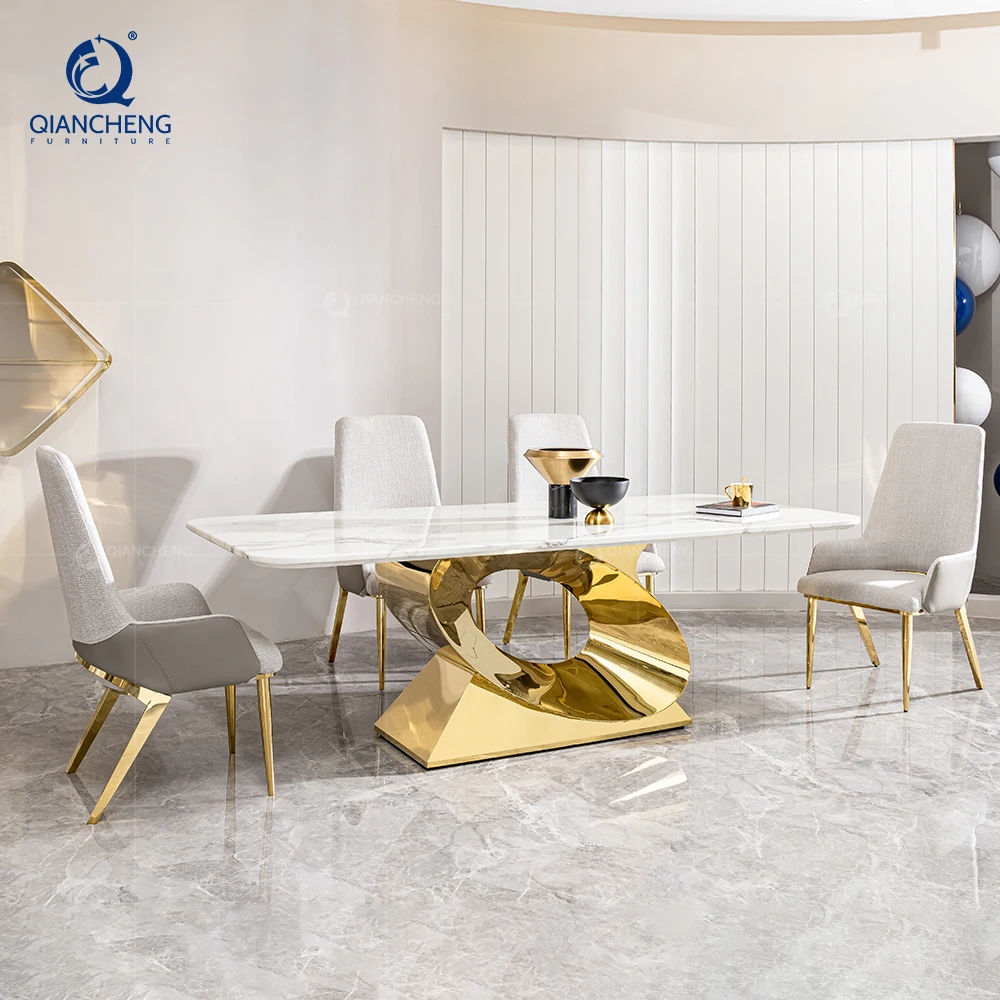 QIANCHENG latest design modern european style dinning tables wholesale price fancy real natural stone dining table set