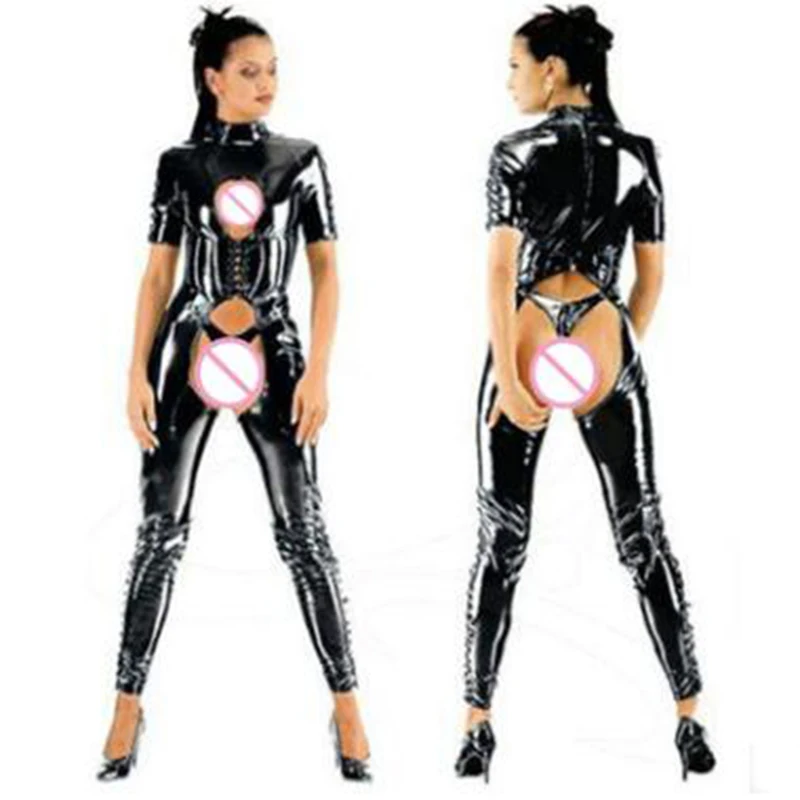 Hot Sales New Style Black Sexy Open Crotch Stretch Leather fetish Lingerie catsuit