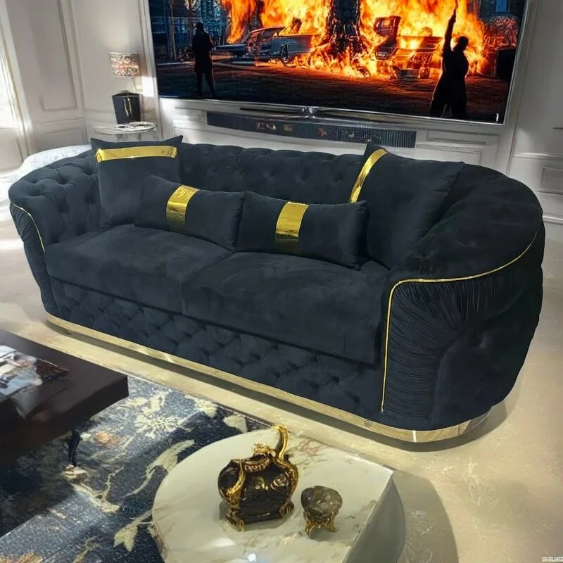 Premium Velvet Fabric Couch 3 Seater Black Sofa With Golden Stainless Steel Base Decoration