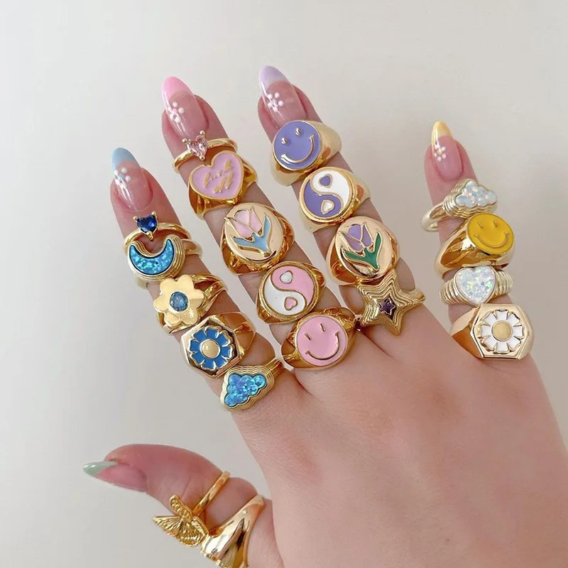 Colorful Gold Plated Enamel Smile Face Flower Number Alien Rings Jewelry Women Set
