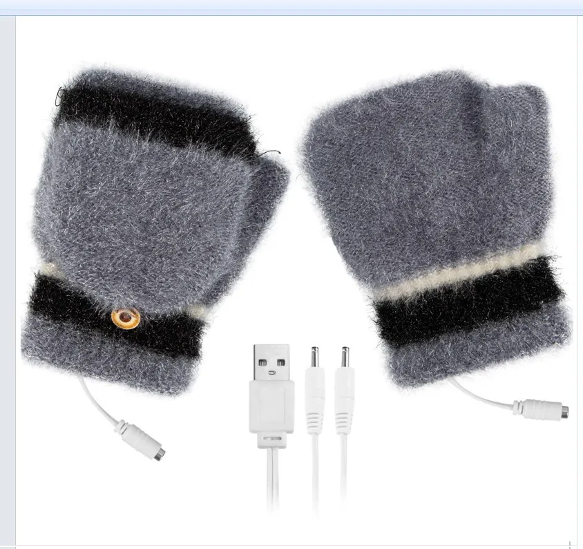 Winter Cold Weather USB Charger Double-sided Heating Fingerless Flip Cover Mittens