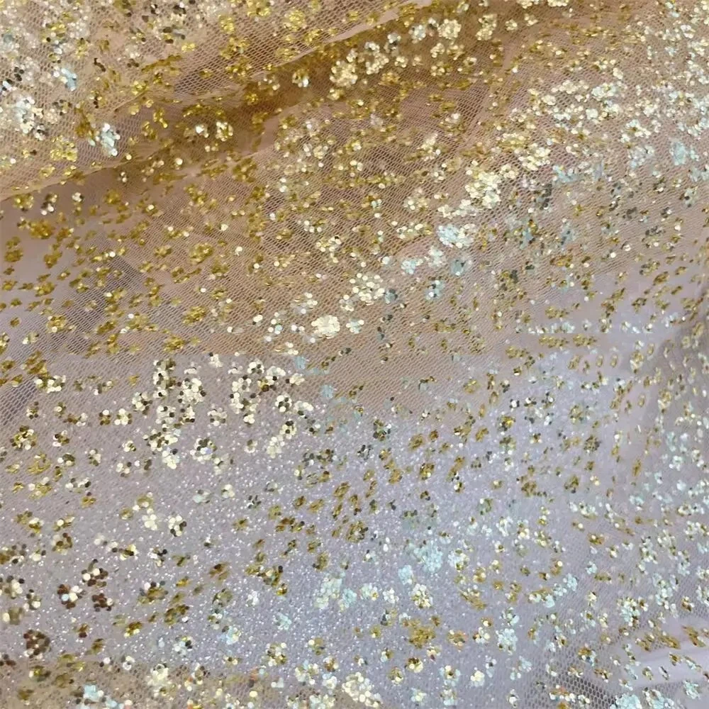 Glitter Bronzing Fabric. Gold Shiny Bridal Dress Lace Fabric. Wedding Arrangement DIY Sewing Fabric