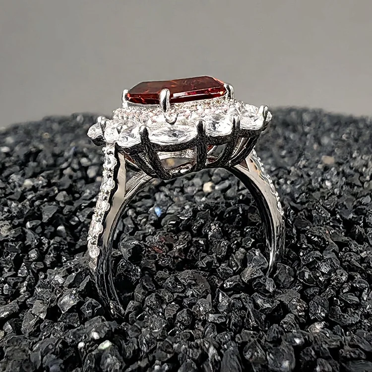 Factory Fine Jewelry Glam Rhodium Plated 925 Sterling Silver Emerald Cut Pigeon Blood Red Ruby Cocktail Ring For Women