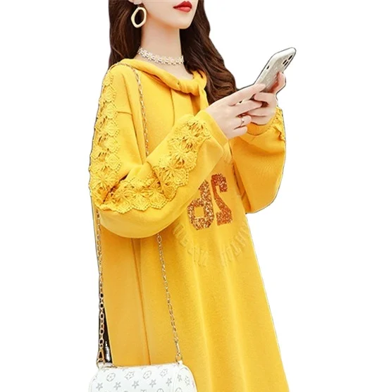 Длинный весенне-осенний топ с капюшоном в свитере-новое модное женское платье