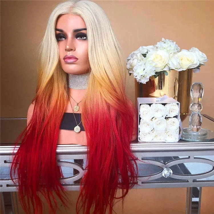 
Beauty Silky Straight Wig #613 to Blonde to Red Ombre Color Synthetic Lace Front Wig 