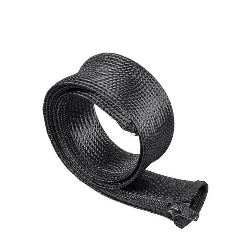 Black Expendable PET Zip-up Braided Closely Wire Cable Sleeving with ABS Gasket