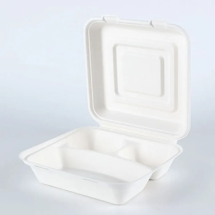 9inch 3 divided Sugarcane pulp clamshell box food bagasse container biodegradable