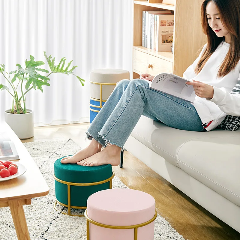 LH-040  living room stool pink velvet round pouf ottoman changing stool living room  pink velvet round mental  chair  shoe stool