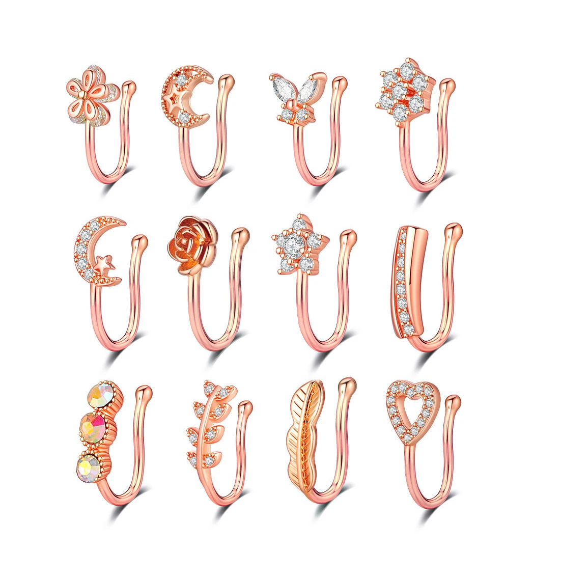 Искусственное украшение для пирсинга, покрытое розовым золотом, поддельные булавки для носа, кольца для мужчин и женщин с прозрачным цирконием