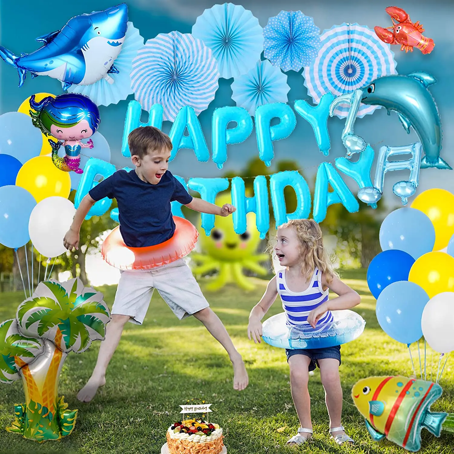 Sea animal theme birthday party decoration children blue background shark and dolphin balloon birthday party supplies