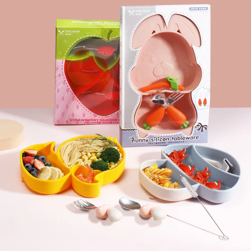 Infant Baby Kids Silicone Tableware Set Strawberry Carrot Penguin Mushroom Shape Silicone baby Feeding Dinner Plate Cutlery Set