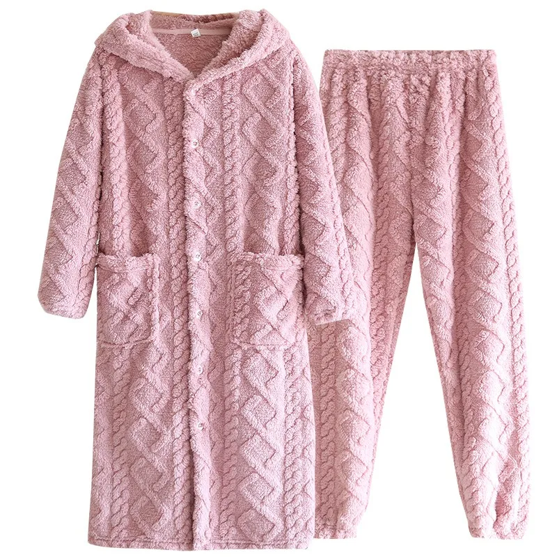 Winter Couple Sleeping Robe Pajamas Suit Long Thick Pajamas Two-piece Long-sleeved Trousers Women Home Wear Sleepwear