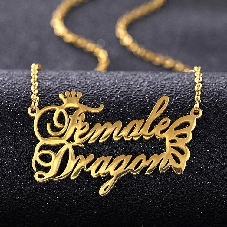 hot style personalized custom stainless steel butterfly crown pattern 18K gold double name necklace