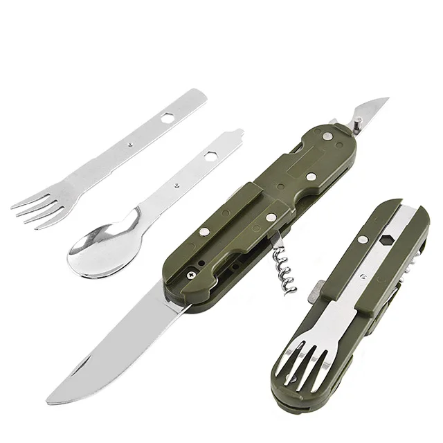 Army Green Folding Pocket Cutlery Stainless Steel Camping Tableware Knife Fork Spoon Bottle Opener