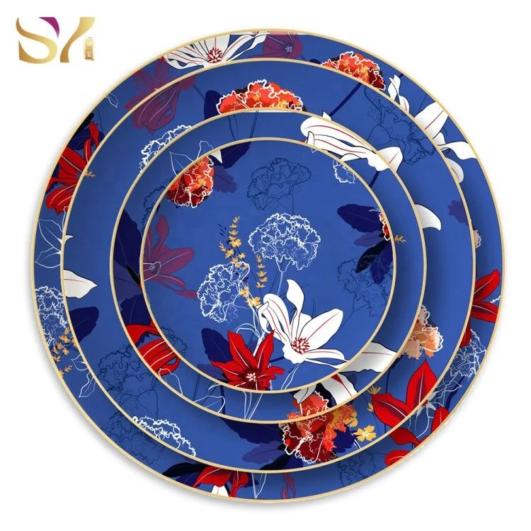 Custom Printed Blue and White Bone China Ceramic Dinner and Flower Plate Sets for Restaurants with Logo