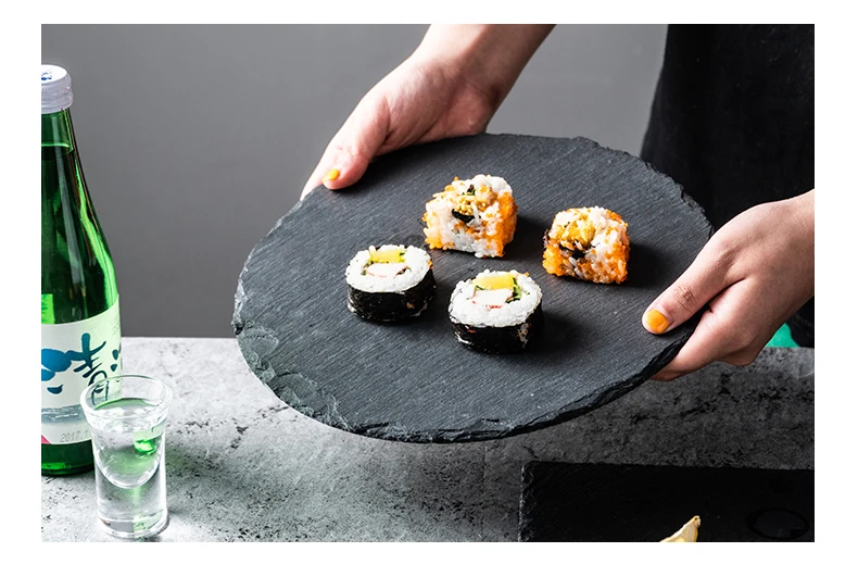 Round Slate Stone Plates Restaurant Sushi Stone Tray Wholesale Dinner Plate Black Serving Dishes For Catering Hotel