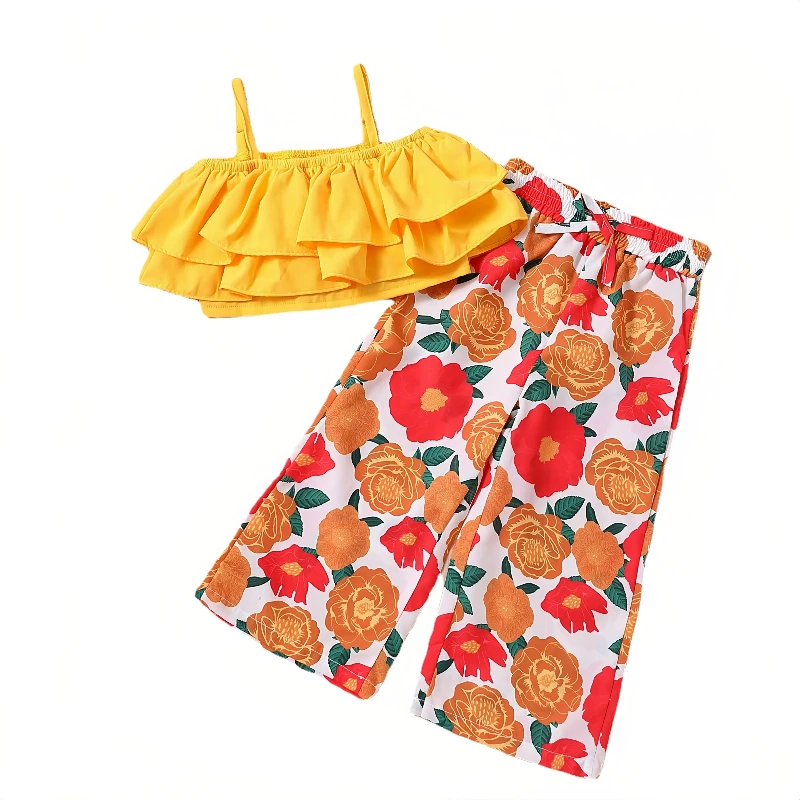 Layered Bow Big Flower Full Print loose Pants kids wear dresses for girls casual kids summer clothing sets