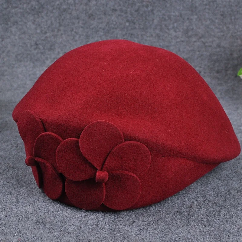 Wool Flat Head Hat With Flower Design Beret  Hats For Lady