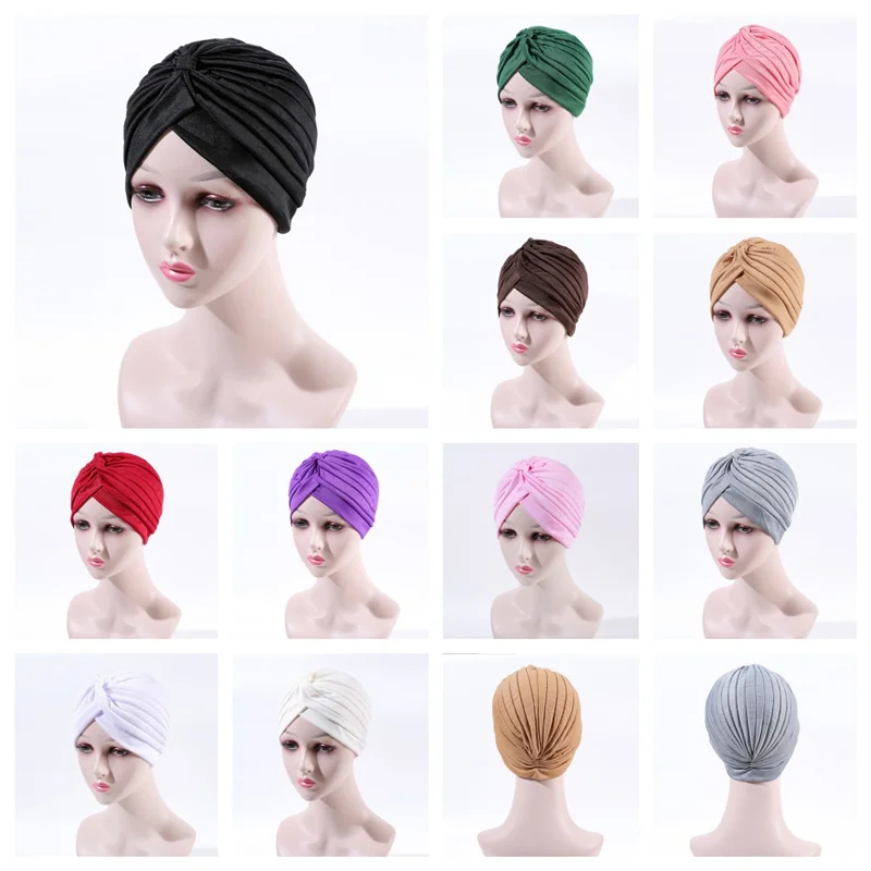 Indian Arab Stretch Jersey Soft Turban Hat African Solid Color Turban Head Wrap Double Layer Elastic Chiffon Instant Hijab