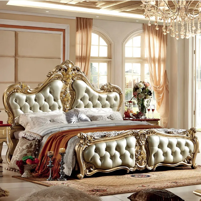 Luxury Champagne Gold King Size Wood Beds Classic Bedroom Furniture