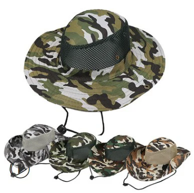 Sun Protection Fold brim Flat Top Mesh Camouflage Boonie Bucket Hat cap with string