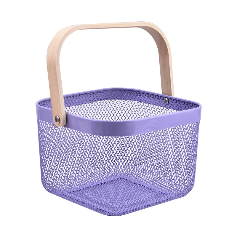 Iron handheld basket with wooden handle household hollow storage basket for fruit and vegetable draining basket for kitchen