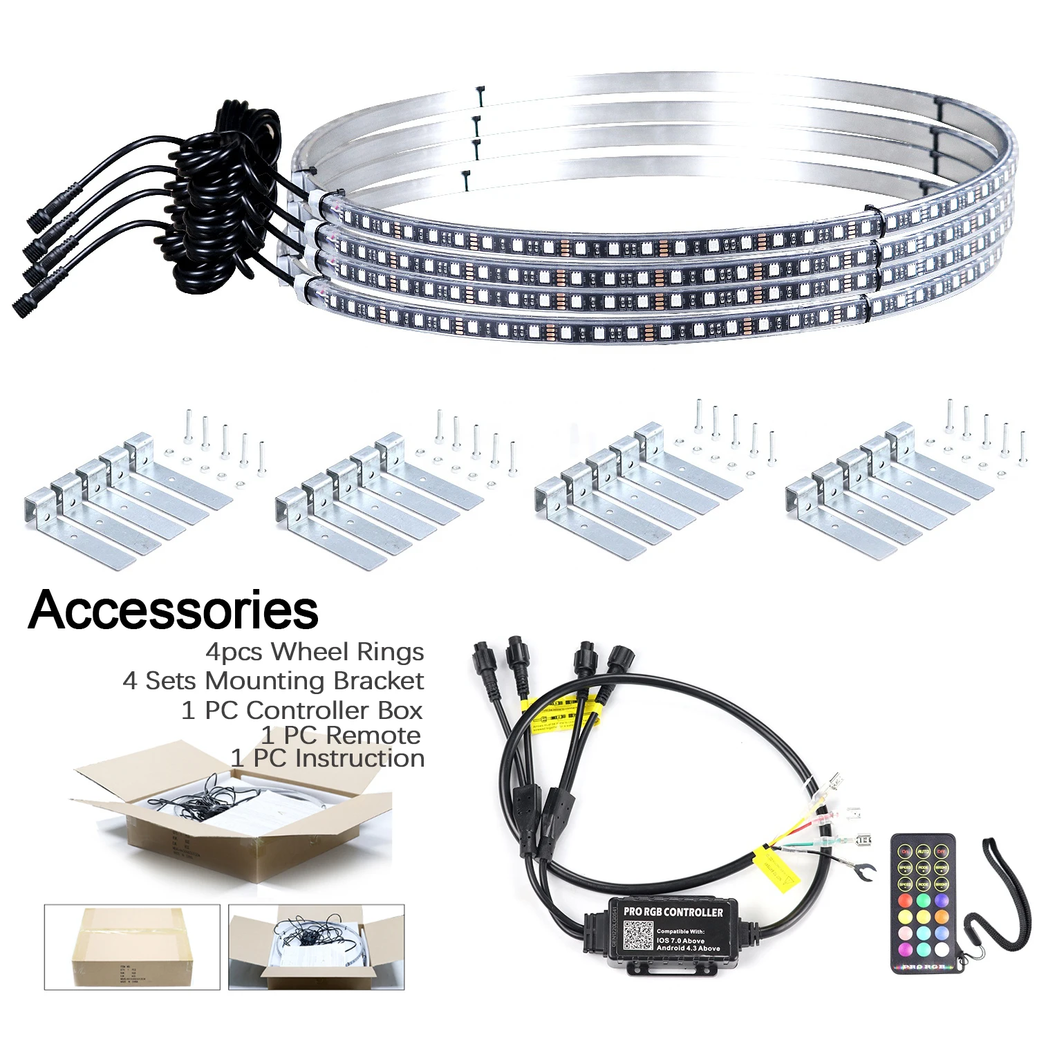 Светодиодные кольца для колес с подсветкой 15,5 дюйма, 4 шт. в одном комплекте, комплект освещения обода, RGB, светодиодное кольцо для колес с управлением через приложение для автомобиля