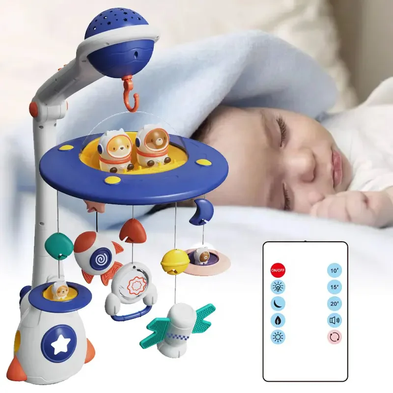 Multi-function space baby rotating bed bell light music projection remote control crib baby mobile baby toddler toy