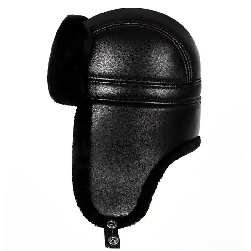 Mens WinterUnisex Shearling Sheepskin Leather Aviator Russian Ushanka Trapper Winter Fur Hats Cold Weather Hat for Men