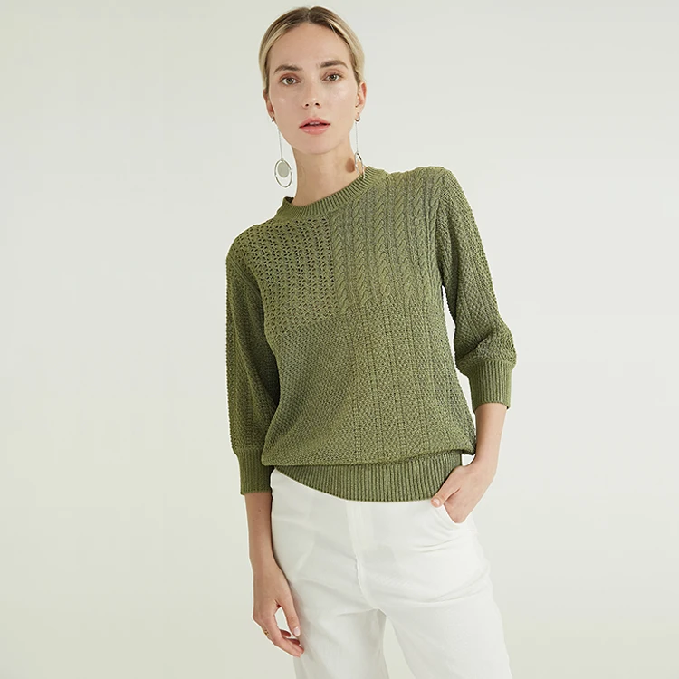 2021 Spring Half Sleeve Green Cable Crew Neck Knitting Pullover Sweater For Women