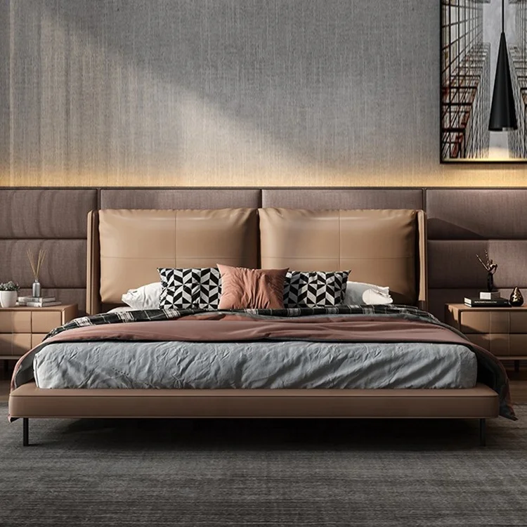 Italian Modern Design Leather Furniture Solid Wood Beds For Bedroom