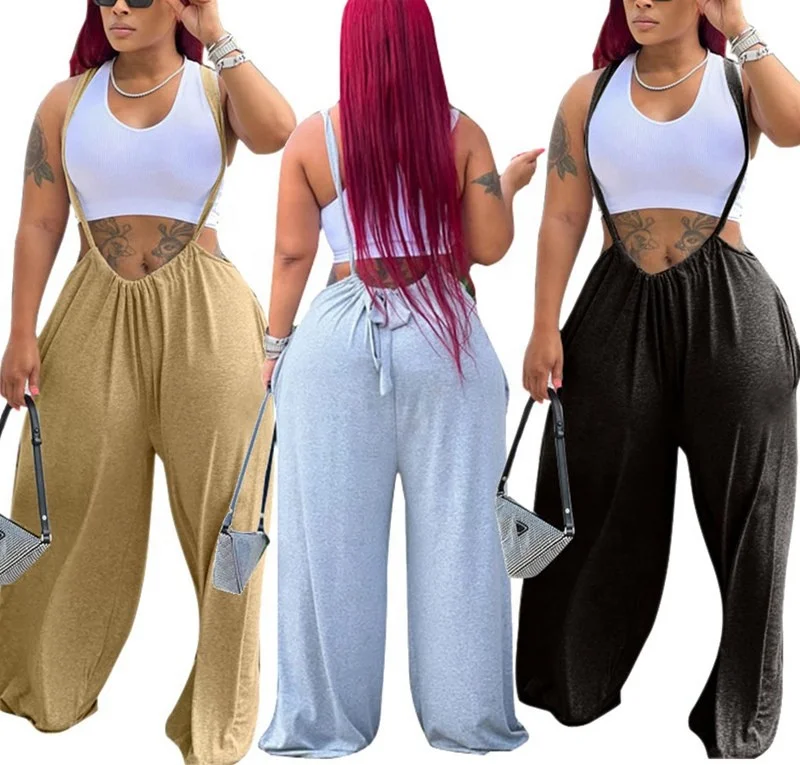 Y307045 Plus Size Black Loose High Waist Pants Casual Vacation For Women Streetwear Lighttan Long Suspenders