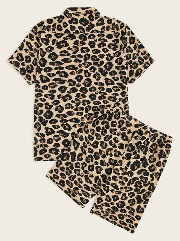 MGOO Custom Leopard Print Shirt and Slant Pocket Shorts Men Pajama Set