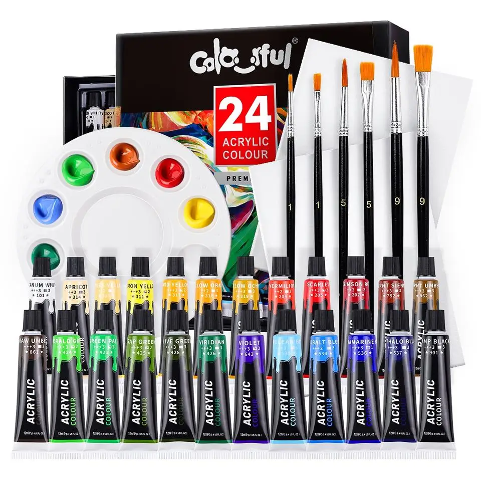 Lanpo DIY Acrylic Paints Set with 6 brushes ,1 palette 24 Colors Art Painting Kit for Canvas ,Fabric, Rock