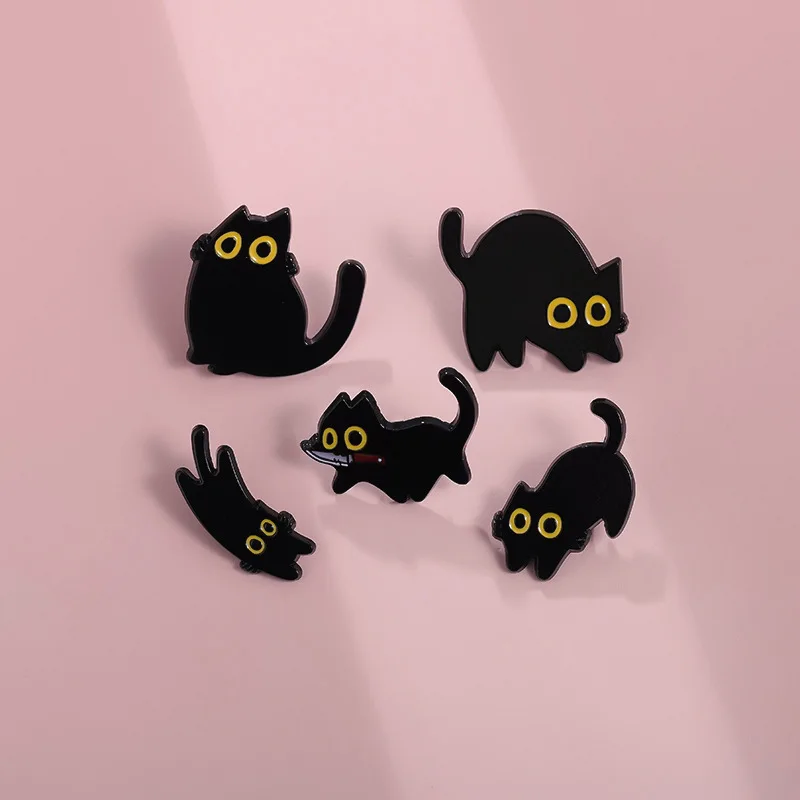 High Quality Black Cat with Green Plants Fish Pink Flowers Animal Soft Metal Enamel Pins Silk Screen Printing