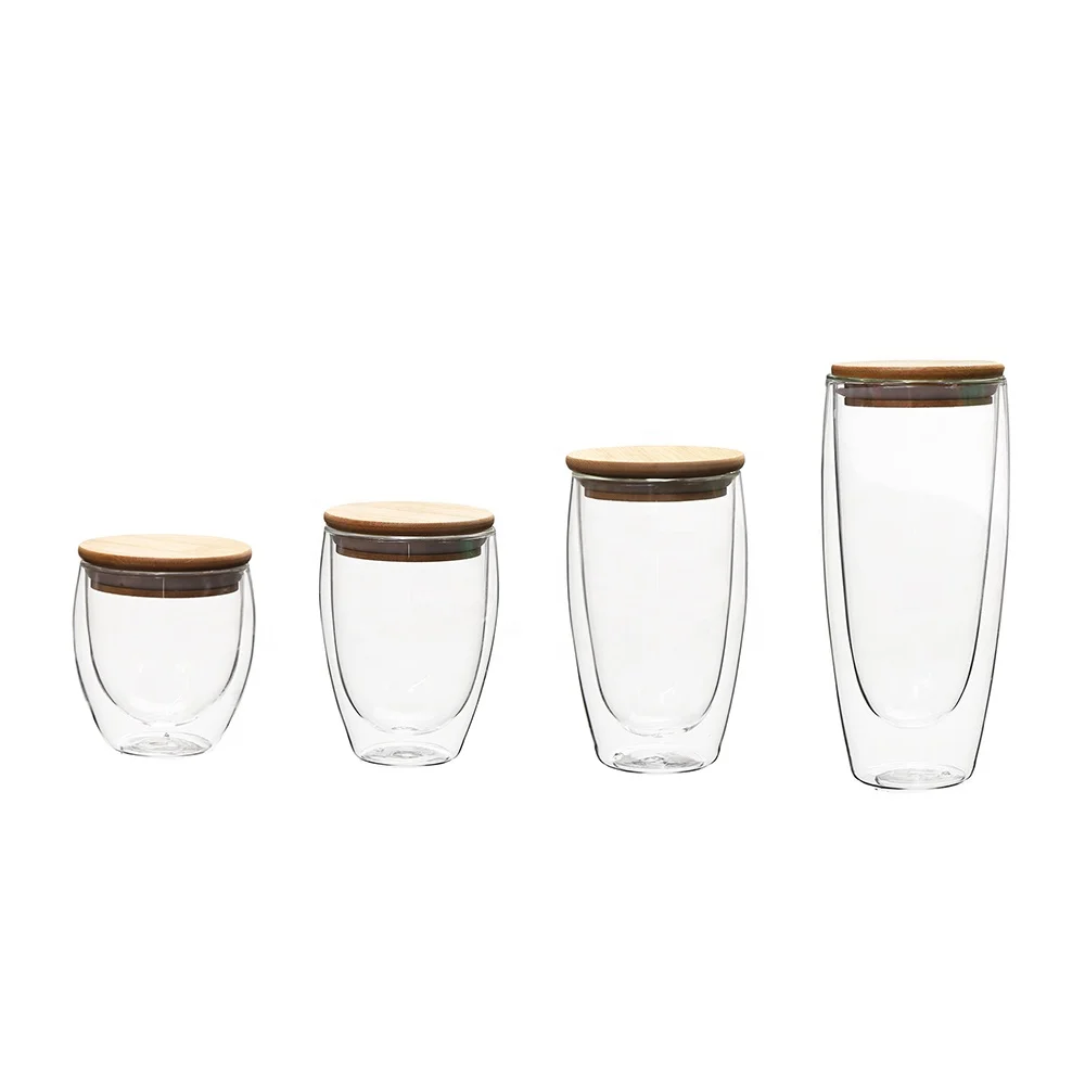 250ml Borosilicate glass cup Double Wall Glasses Tea Glass Cup Coffee Cup with Bamboo lid