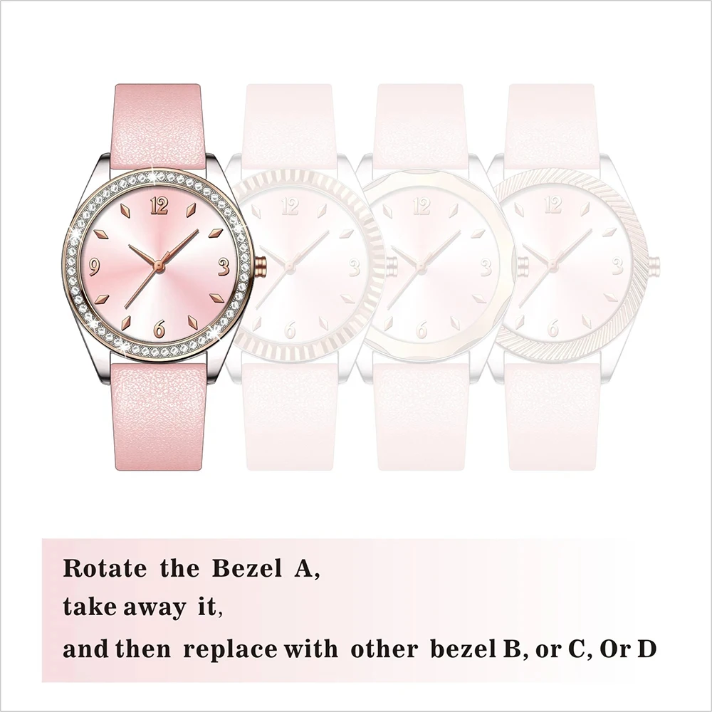 Replaceable Zigrinate Bezel Genuine Leather Women Watch Set Montre Bracelet Femme Reloj De Mujer