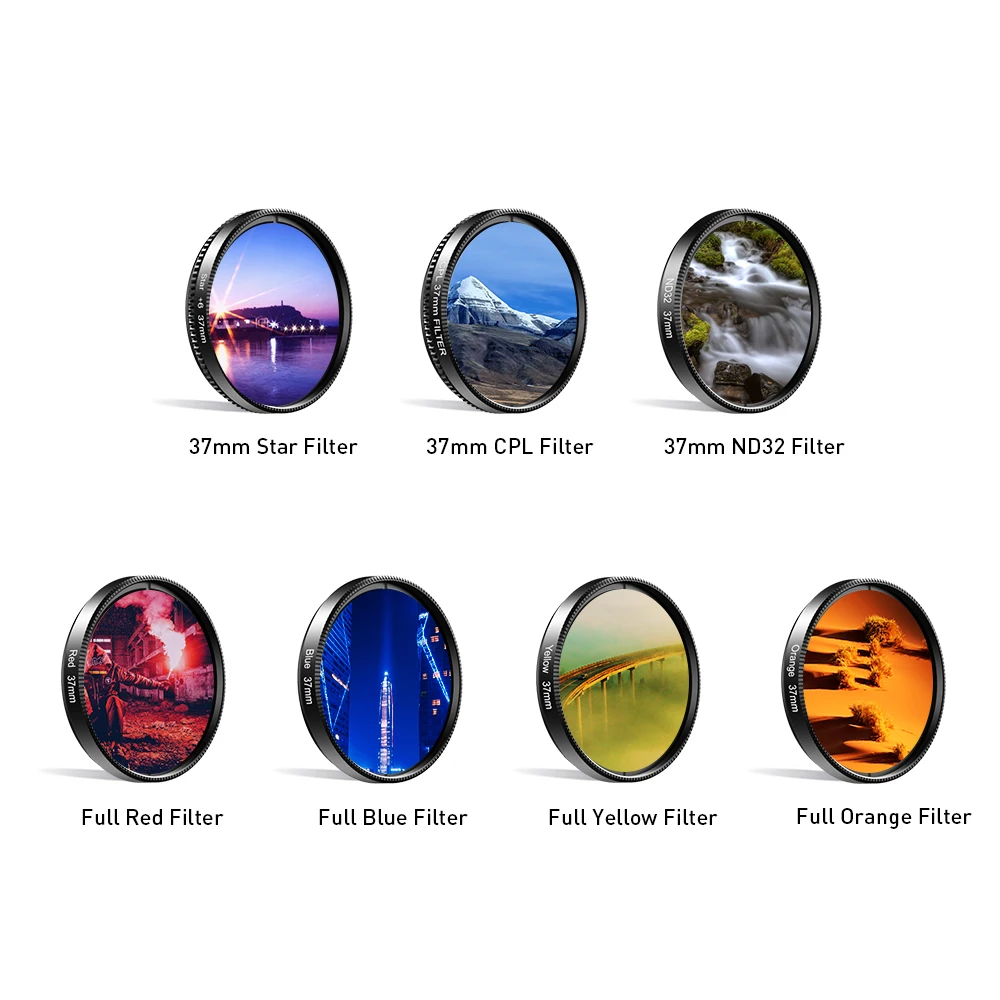 Apexel 37MM mobile phone camera lens ND32 Yellow Orange Red Blue full color filter 7 in 1 lens kit for aquarium smartphone