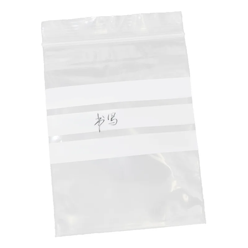 Clear plastic resealable bags with 3x write on panels