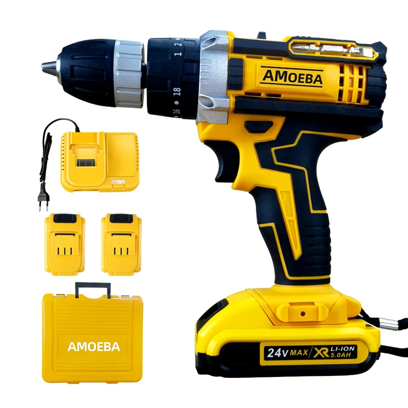 Хорошее качество 24 в беспроводной набор электродрелей с ударом две батареи одно зарядное устройство пластиковая коробка литий-ионный беспроводной перфоратор