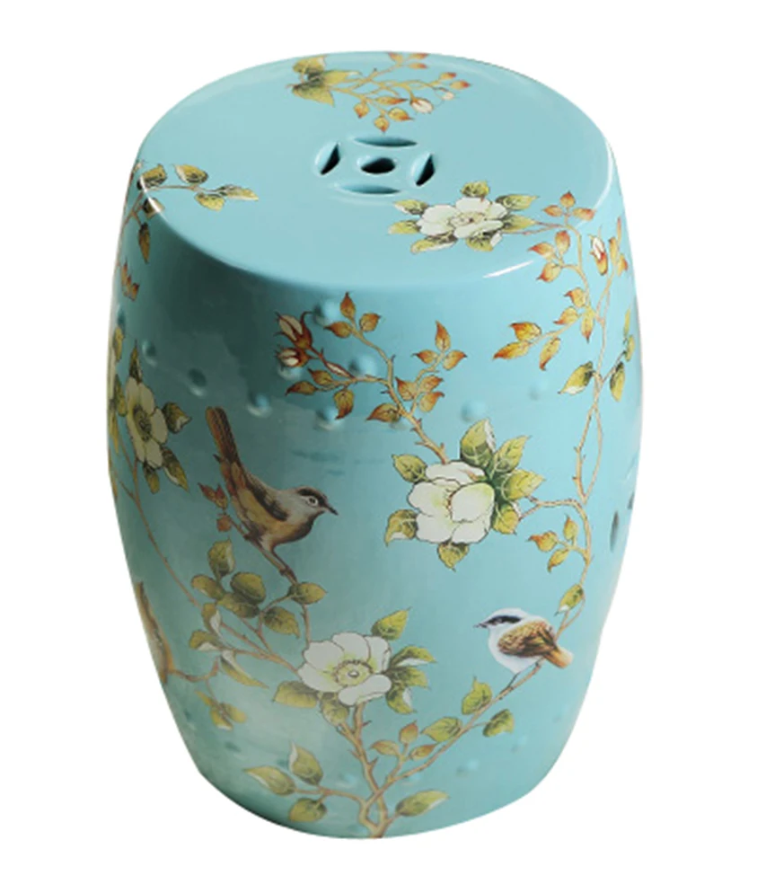 Modern Chinese Red Porcelain Drum Stools with Flower Bird Painting Decorative Ceramic Garden Stool